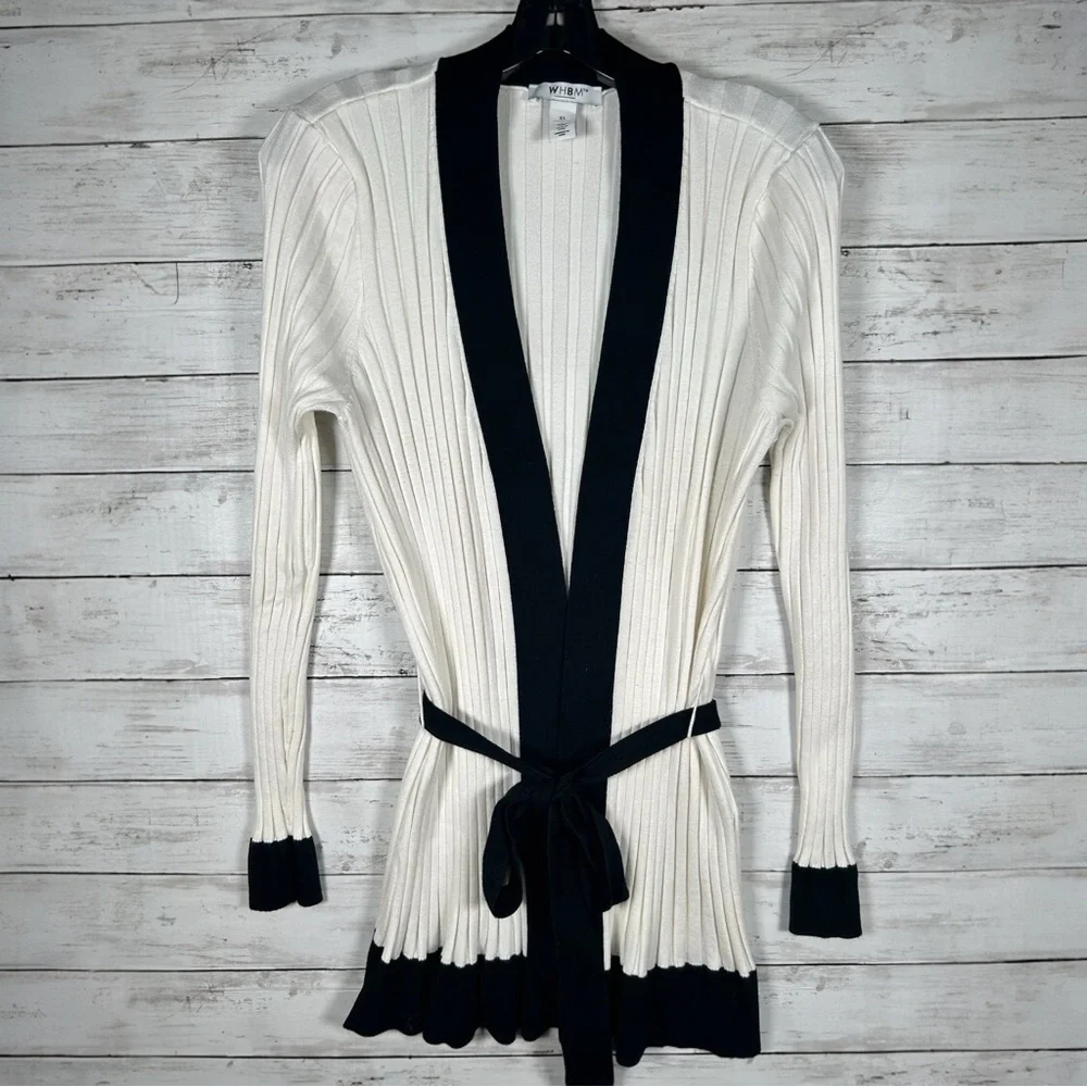 WHBM Ribbed Ivory Black Rayon Nylon Long Optional Belted Cardigan Sweater XL - Picture 4 of 10